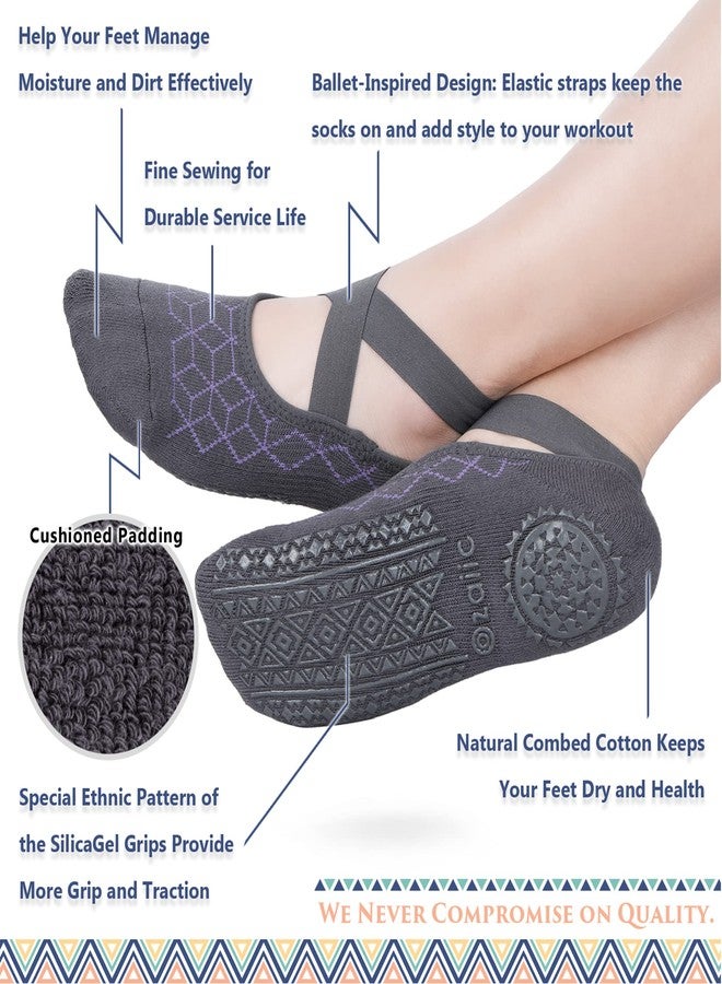 Ozaiic Pilates Socks for Women Non Slip Grip, Yoga Socks with Grippers for Barre, Hospital, Ballet, Dance, Barefoot Workout (4 Pairs -Blue/Purple/Pink/Dark Gray) - Image 5